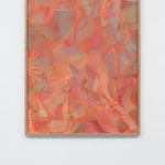 surrealistic soft red-hued etching of abstracted human figures and organic shapes