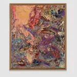 a small abstract painting colored with orange and purple and red marks
