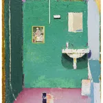 oil painting depicting an interior scene of a bathroom with a full tub slightly out of frame