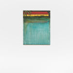 acrylic painting depicting a long yellow house with a red roof at the very top of the canvas, the rest of the image a wash of teal paint with gallery wall and floor