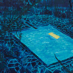 A mixed media image depicting a glimmering, blue pool sitting in the middle of a dark and shadowy forest; in the pool floats a yellow pool float.