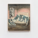 An abstracted oil on canvas image of various suited men lying on a large bed