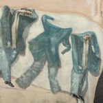 An abstracted oil on canvas image of various suited men lying on a large bed