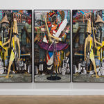 A mixed media piece of abstract scene.