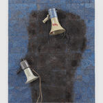 a large mixed media work using reclaimed electrical wires and components on panel, characterized by a large organic shape and two protruding megaphones