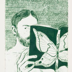 color pencil image of a man reading a book which has a moth or butterfly on the cover and back cover. his hands are holding the book open. he and the background are colored green with a white contrast.