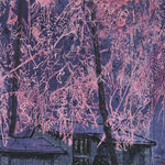 purple painting with house and pink trees.