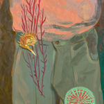 painted abstract image with main hues of red and green of a man leaning down at some shells on a red countertop. organic shapes float upward from the counter and are reflected on his scalp.