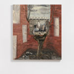 An oil on canvas of what appears to be a tree with a small treehouse standing in front of a tall brick wall