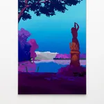 An acrylic on canvas depicting a shadowy landscape featuring a human-shaped statue, trees, and a body of water that appears to be a pond.