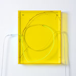 wall mounted sculptural piece made of plexiglass, neon, bamboo twig