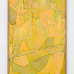 surrealistic yellow-hued etching of abstracted human figures