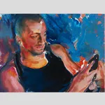 oil painting depicting a lounging man looking at a cellphone