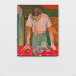 painted abstract image with main hues of red and green of a man leaning down at some shells on a red countertop. organic shapes float upward from the counter and are reflected on his scalp.