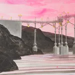 A detail of a big, mixed media drawing of boys fishing beneath a bridge with pink sky,