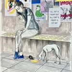 A detail of a large mixed media drawing of a seated woman looking at her phone with numerous posters behind her and a dog next to her.