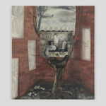 An oil on canvas of what appears to be a tree with a small treehouse standing in front of a tall brick wall