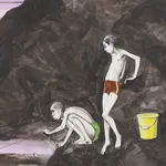 A detail of a big, mixed media drawing of boys fishing beneath a bridge with pink sky,