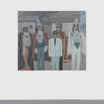 installation view of an oil painting depicting five dressed up men standing in a group