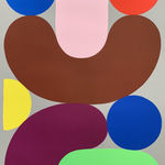 An abstract print of colorful shapes.