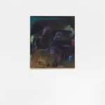 abstract painting with a black base that has playful dog-like figures throughout the space; the figures are in shades of purple, green, pik, and blue. there is an orange haze rising from the bottom of the work, and a linear turquoise shape jutting on from the upper left part of the work.