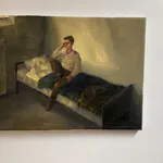 Oil on canvas depicting a perplexed looking man sitting on a bed.