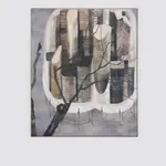 Oil on canvas depicting a city held on a platform held up by stilts