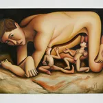 oil painting depicting a woman and two small men posed like the capitoline wolf