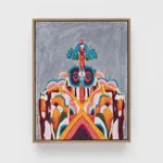 oil painting depicting brightly colored psychedelic geometric patterns against a grey background