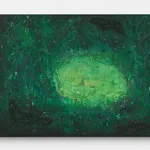 A mixed media image depicting two tents set up in a glade situated in the middle of a shadowy forest.