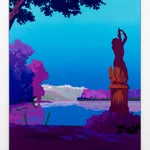 An acrylic on canvas depicting a shadowy landscape featuring a human-shaped statue, trees, and a body of water that appears to be a pond.