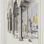 A mixed media drawing of a courting couple and beasts under the city wall, framed in white and hung on a white wall.