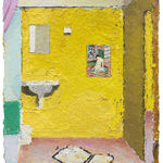oil painting depicting a bathroom with yellow walls