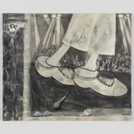 An oil on canvas of a pair of white shoes walking on a stage