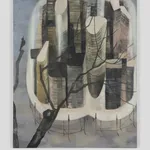 Oil on canvas depicting a city held on a platform held up by stilts