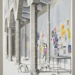 A mixed media drawing of a courting couple and beasts under the city wall.