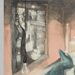 An abstracted oil on canvas image of various suited men lying on a large bed