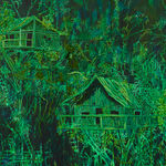 A mixed media image depicting houses built into the forest, seemingly suspended by trees and foliage.