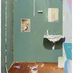 oil painting depicting an interior scene of a bathroom with a full tub slightly out of frame