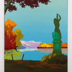 An acrylic on canvas depicting a shadowy landscape featuring a human-shaped statue, trees, and a body of water that appears to be a pond.