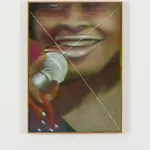 oil painting depicting a close up view of a woman holding a microphone. there is an x across the image.