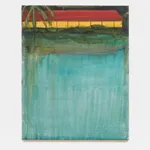 acrylic painting depicting a long yellow house with a red roof at the very top of the canvas, the rest of the image a wash of teal paint