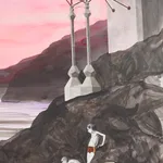 A detail of a big, mixed media drawing of boys fishing beneath a bridge with pink sky,