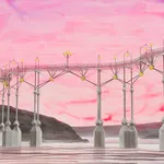 A detail of a big, mixed media drawing of boys fishing beneath a bridge with pink sky,
