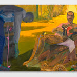 painted image of two men-- one man reading a book on a rocky formation within a glowing environment with trees poking in at the back. the other man is near the front of the image, bent over and pigmented with blue hues.