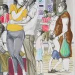 A detail of a large mixed media drawing of a side show with spectators, Onomatopoeia City Wall.