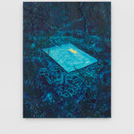 A mixed media image depicting a glimmering, blue pool sitting in the middle of a dark and shadowy forest; in the pool floats a yellow pool float.