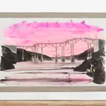 A big, mixed media drawing of boys fishing beneath a bridge with pink sky, mounted on linen and hung on the gallery wall.
