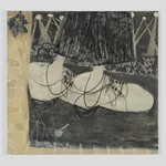 Oil on canvas of a pair of massive neutral colored sneakers