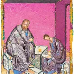 oil painting depicting a pink interior where two robed figures sit at a table